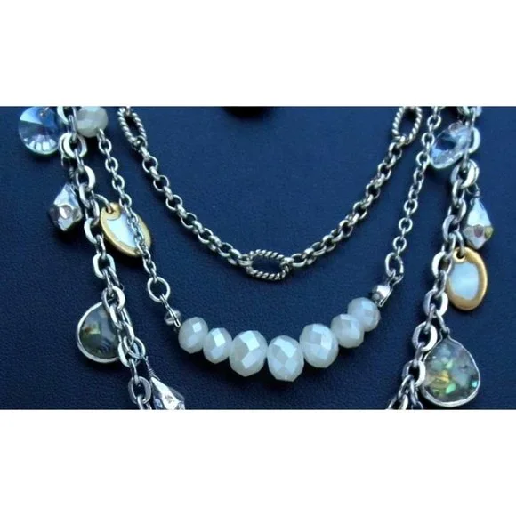 Ann Taylor Loft Silver Tone Multistrand Necklace w/ Faux Labradorite MOP & Cryst - Picture 3 of 5
